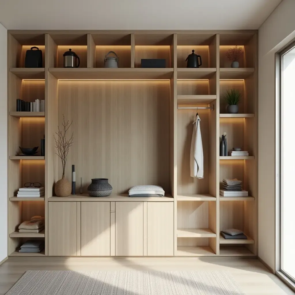 a photo of an entrance hall with a mix of open and closed shelving for versatility