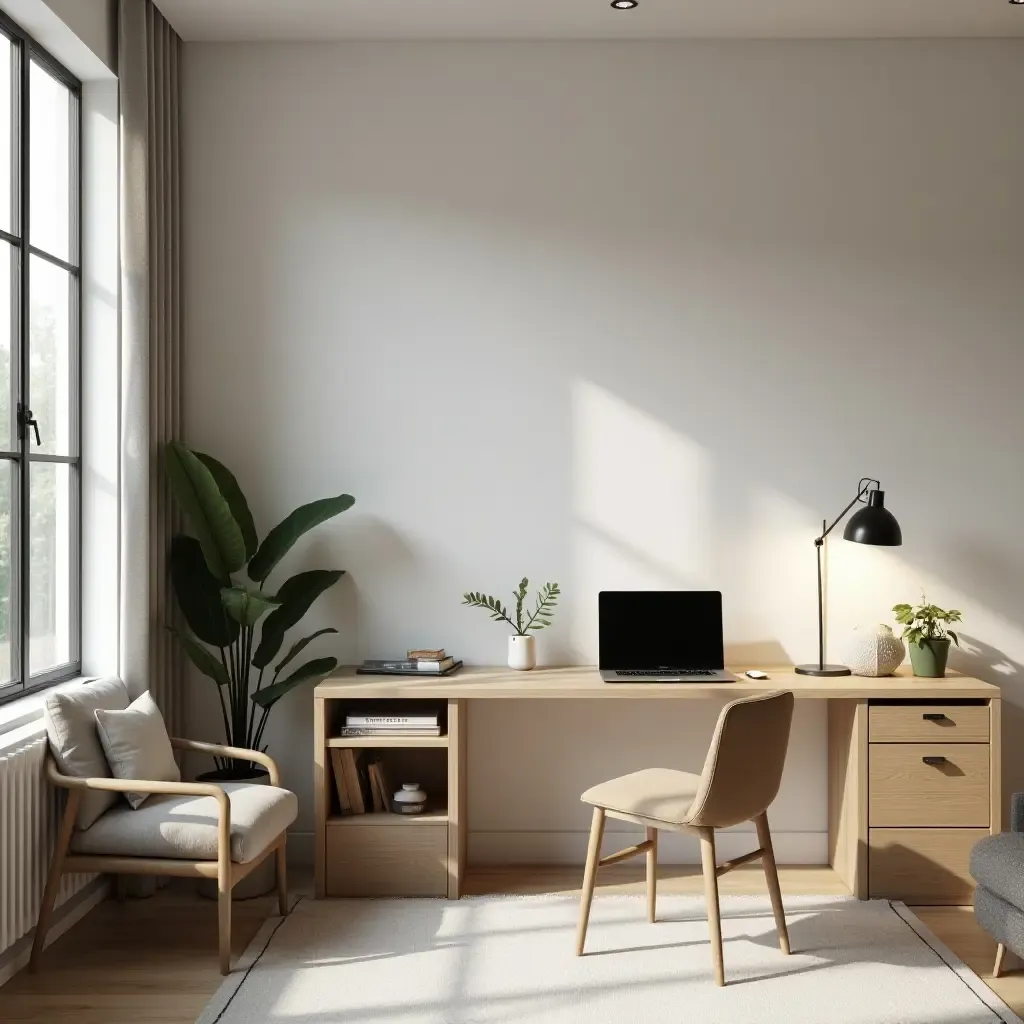 a photo of a functional living room with a workspace corner