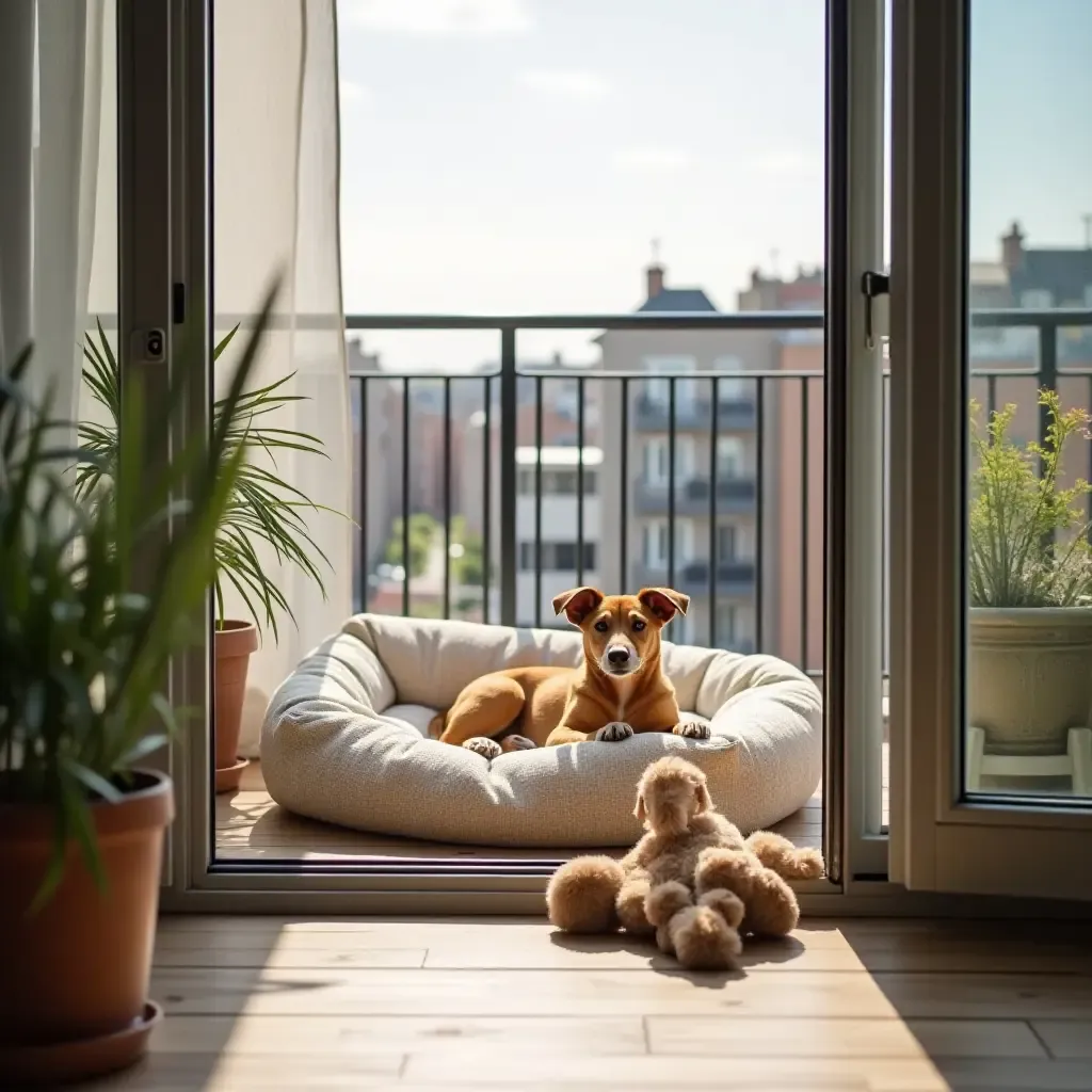 a photo of a pet-friendly balcony with a dog bed and toys