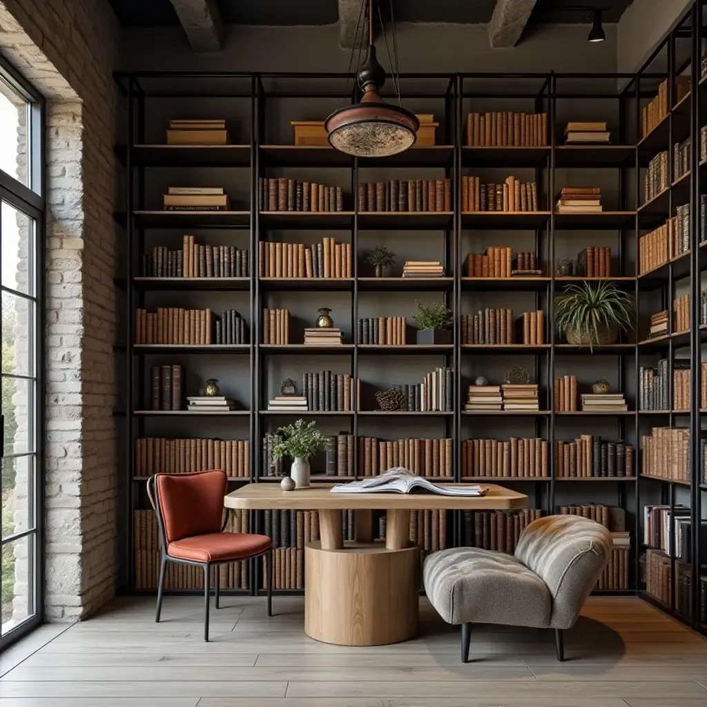 a photo of an industrial-style library with metal shelving and storage