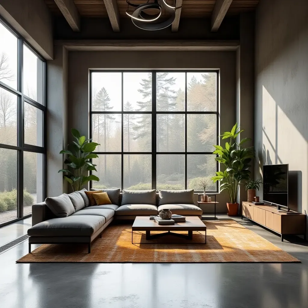 a photo of an industrial-style living room with large windows and concrete flooring