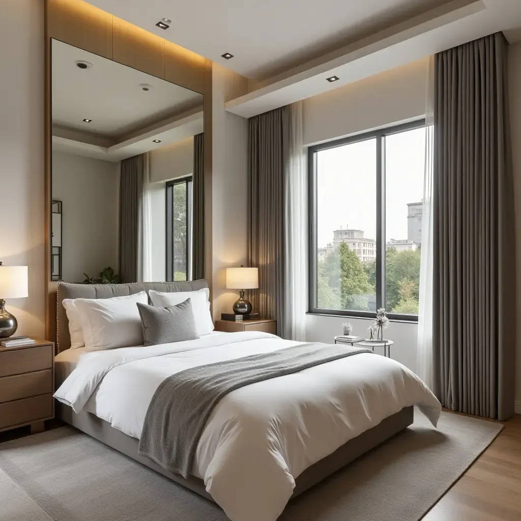 a photo of a contemporary bedroom with oversized mirrors reflecting windows