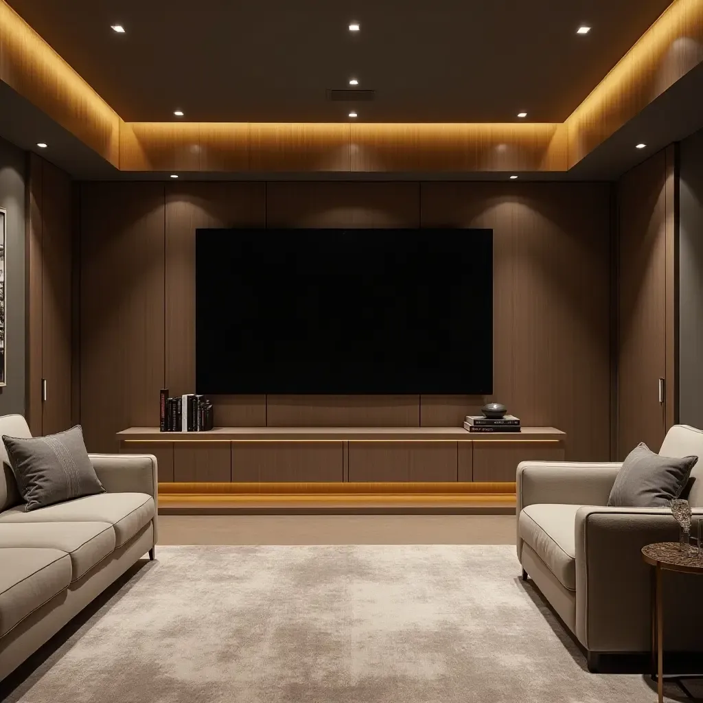 a photo of a stylish basement workspace integrated with entertainment features