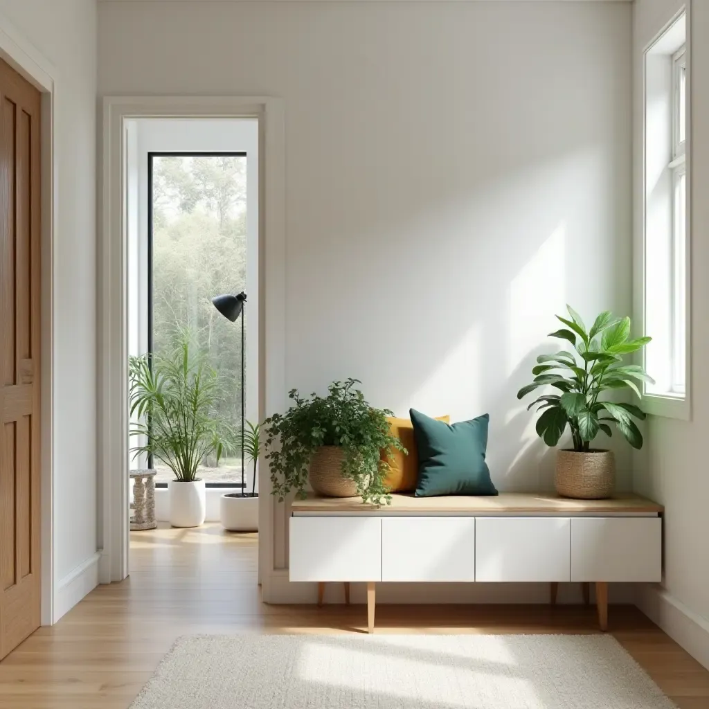 a photo of a bench with a built-in planter in a modern hallway