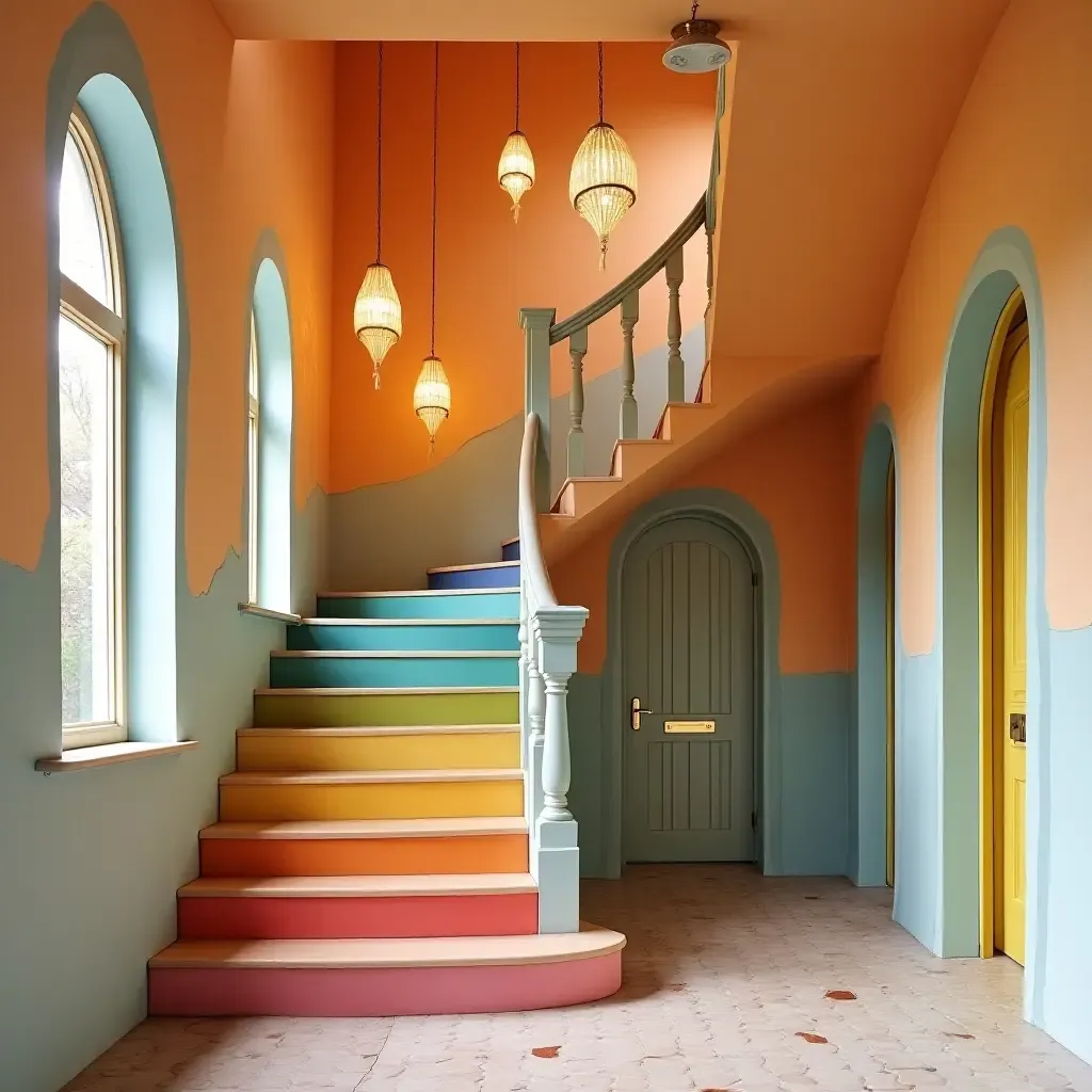 a photo of a whimsical entrance hall featuring a rainbow staircase and hanging lanterns