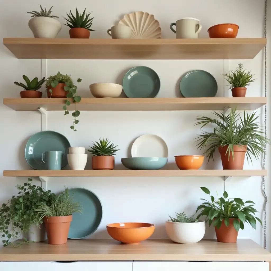 a photo of open shelving filled with colorful ceramic dishes and decorative plants