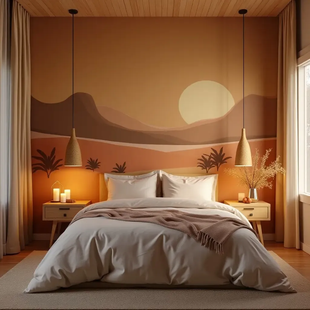 a photo of a tranquil bedroom featuring a desert landscape mural and warm lighting