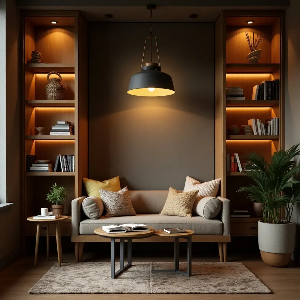 a photo of a cozy reading nook with pendant lighting overhead