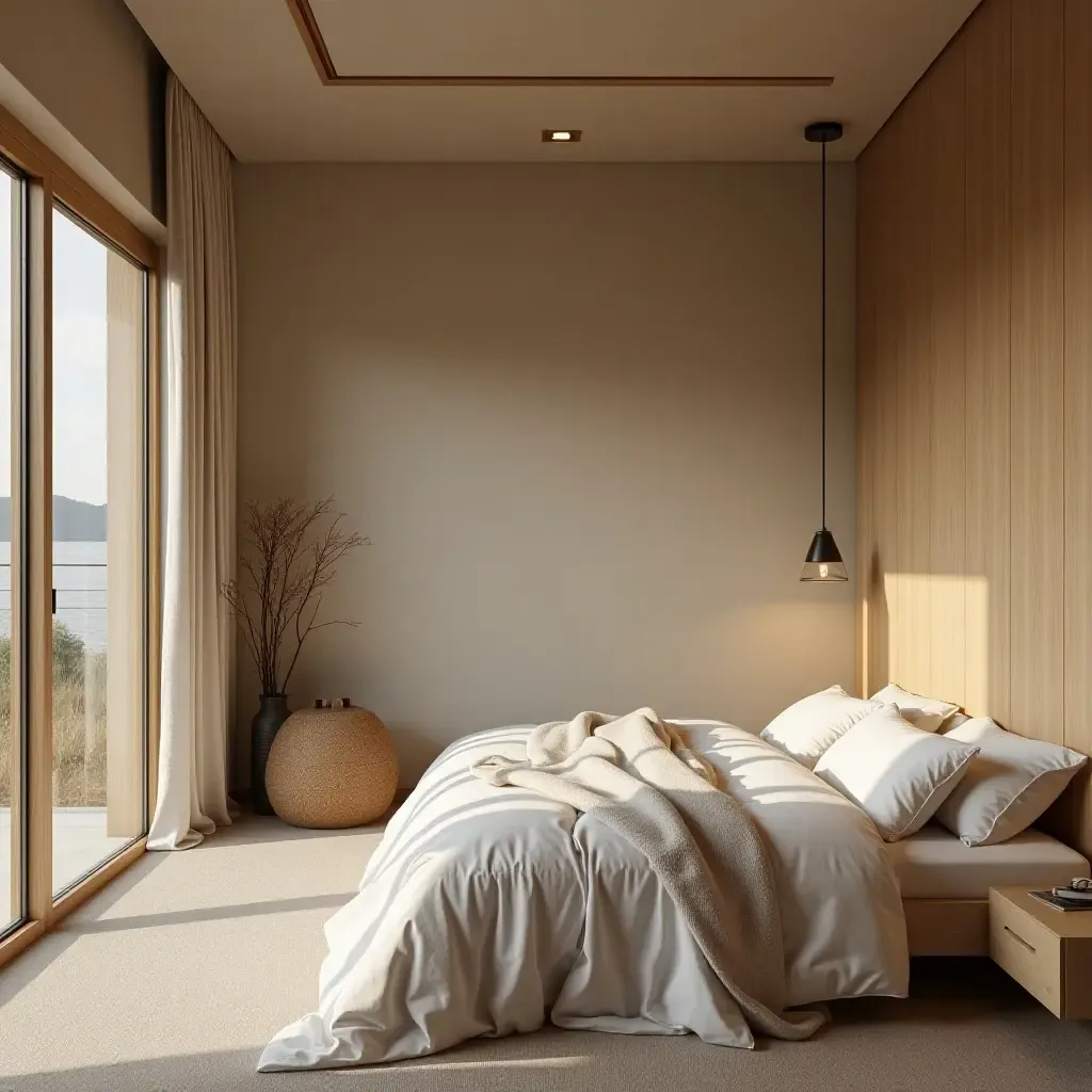 a photo of a peaceful bedroom with a zen-inspired layout and natural materials