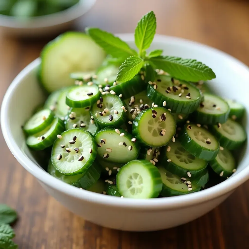 a photo of a refreshing Thai cucumber salad with mint and sesame seeds.