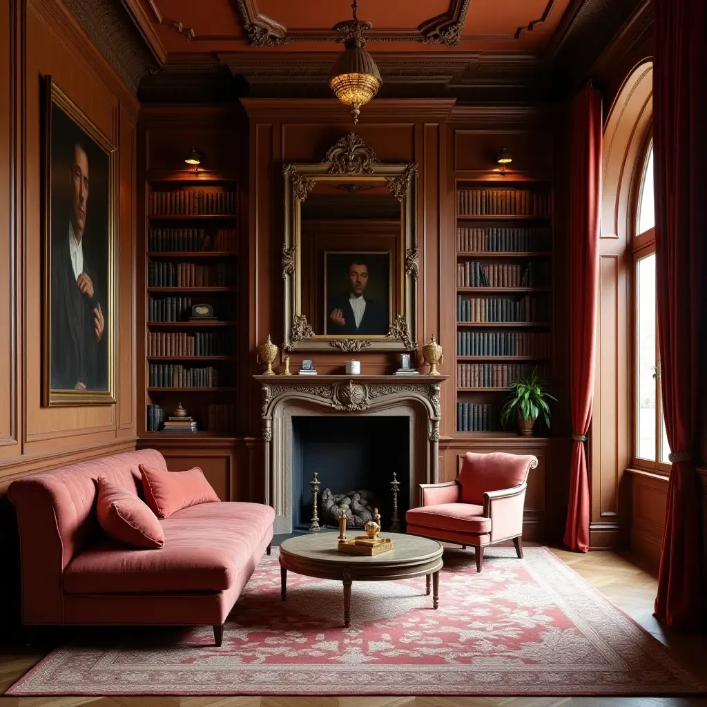 a photo of a traditional library with ornate woodwork and soft fabric