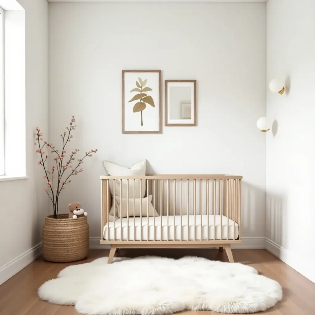 a photo of a chic nursery with a gallery wall and plush rugs