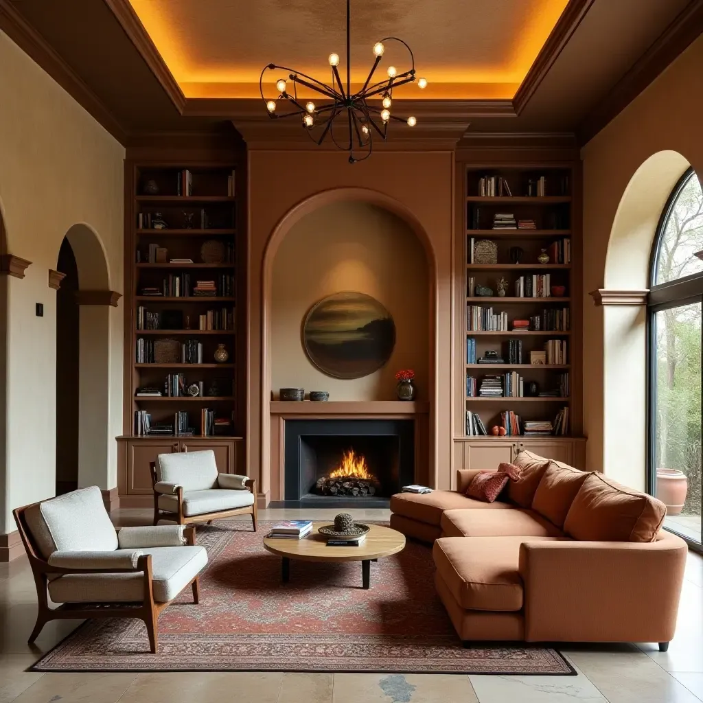 a photo of a library featuring a Mediterranean-inspired color scheme and textures