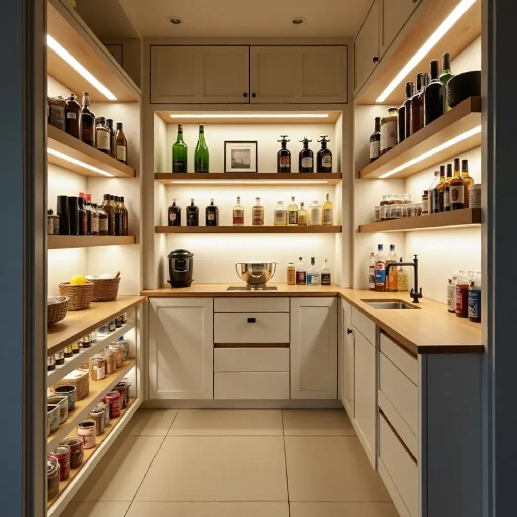 a photo of a pantry with stylish lighting and organized spaces