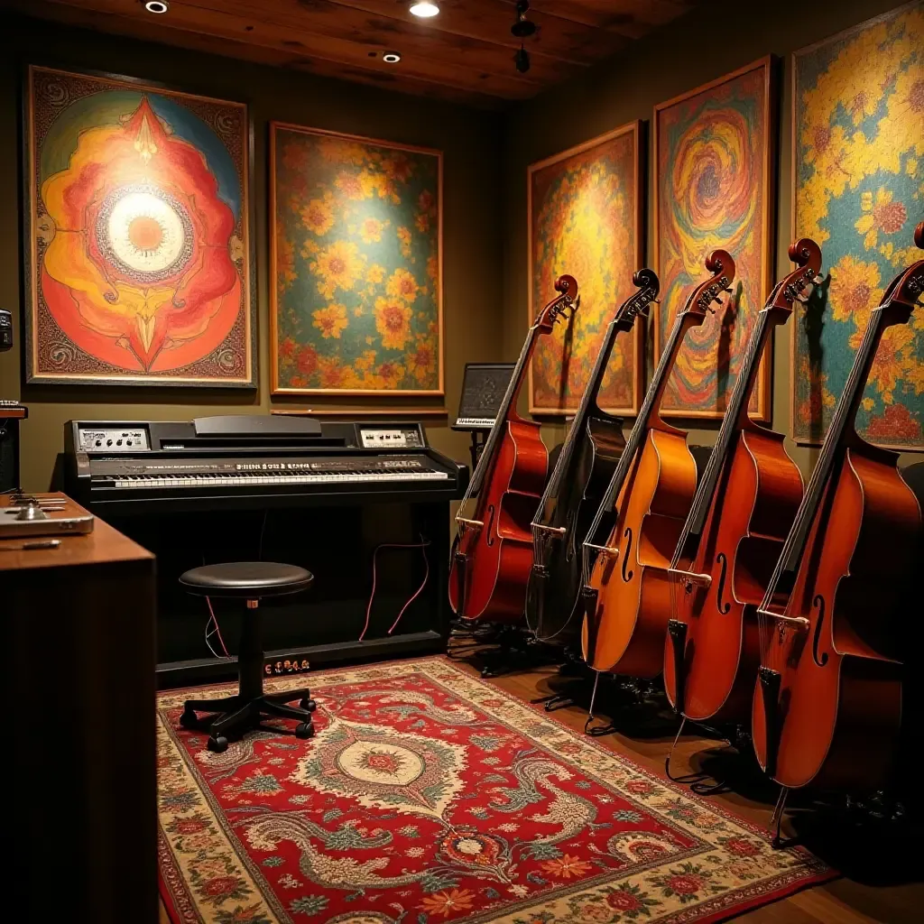 a photo of a basement music room filled with instruments and vibrant wall art