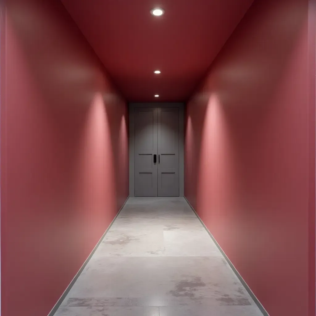 a photo of a vibrant raspberry and light grey hallway