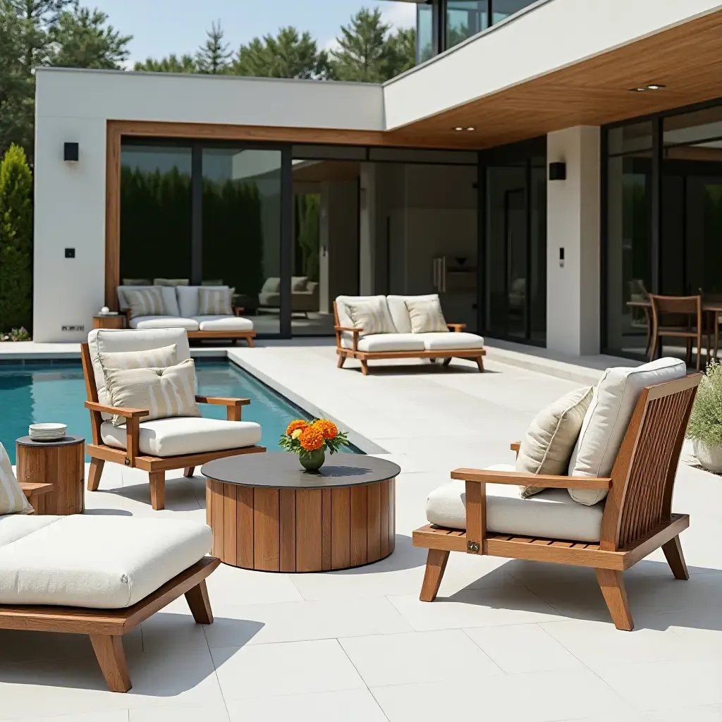 a photo of a poolside lounge area with fabric cushions, wooden furniture, and metal accents