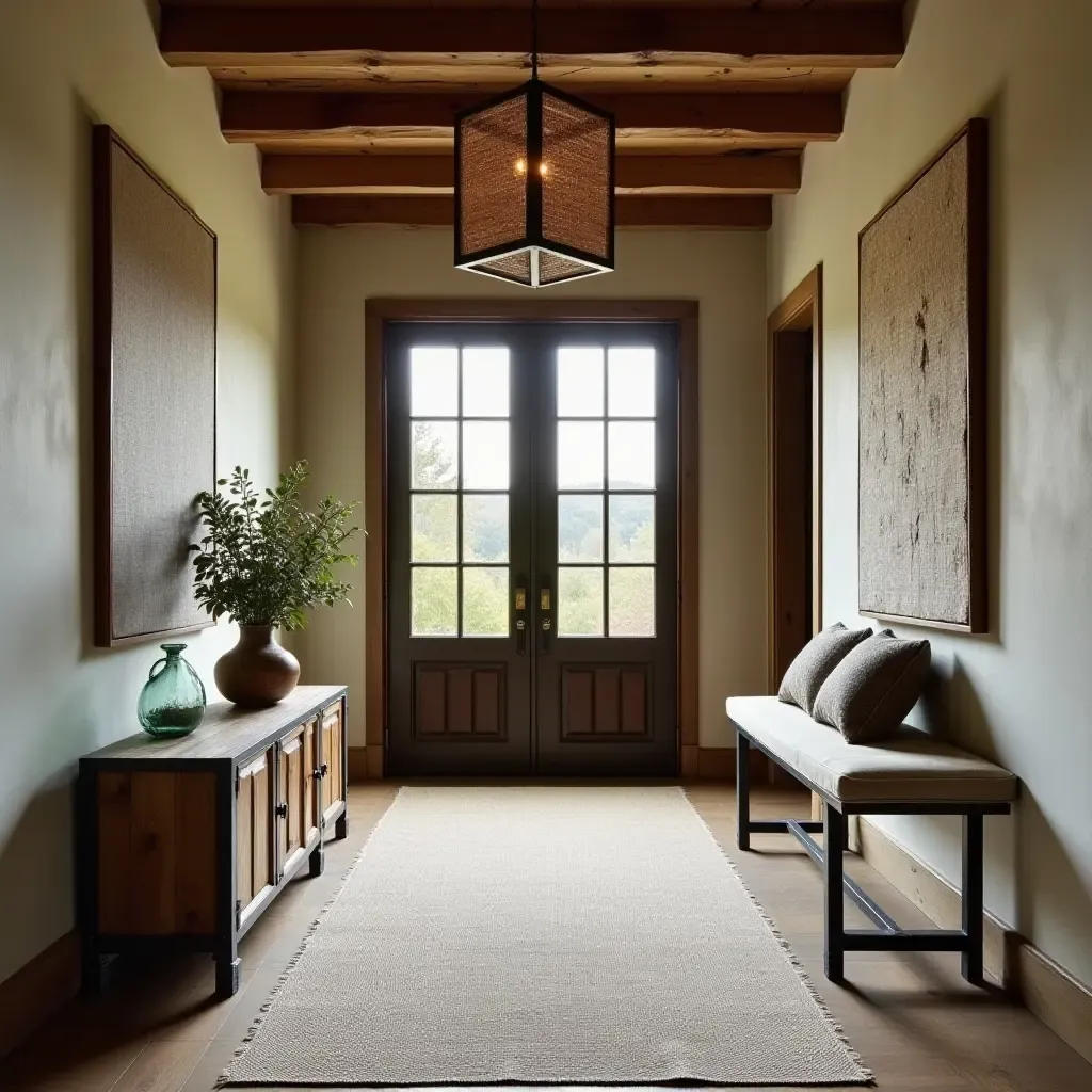 a photo of a rustic entrance hall featuring woven fabric, reclaimed wood, and industrial metal