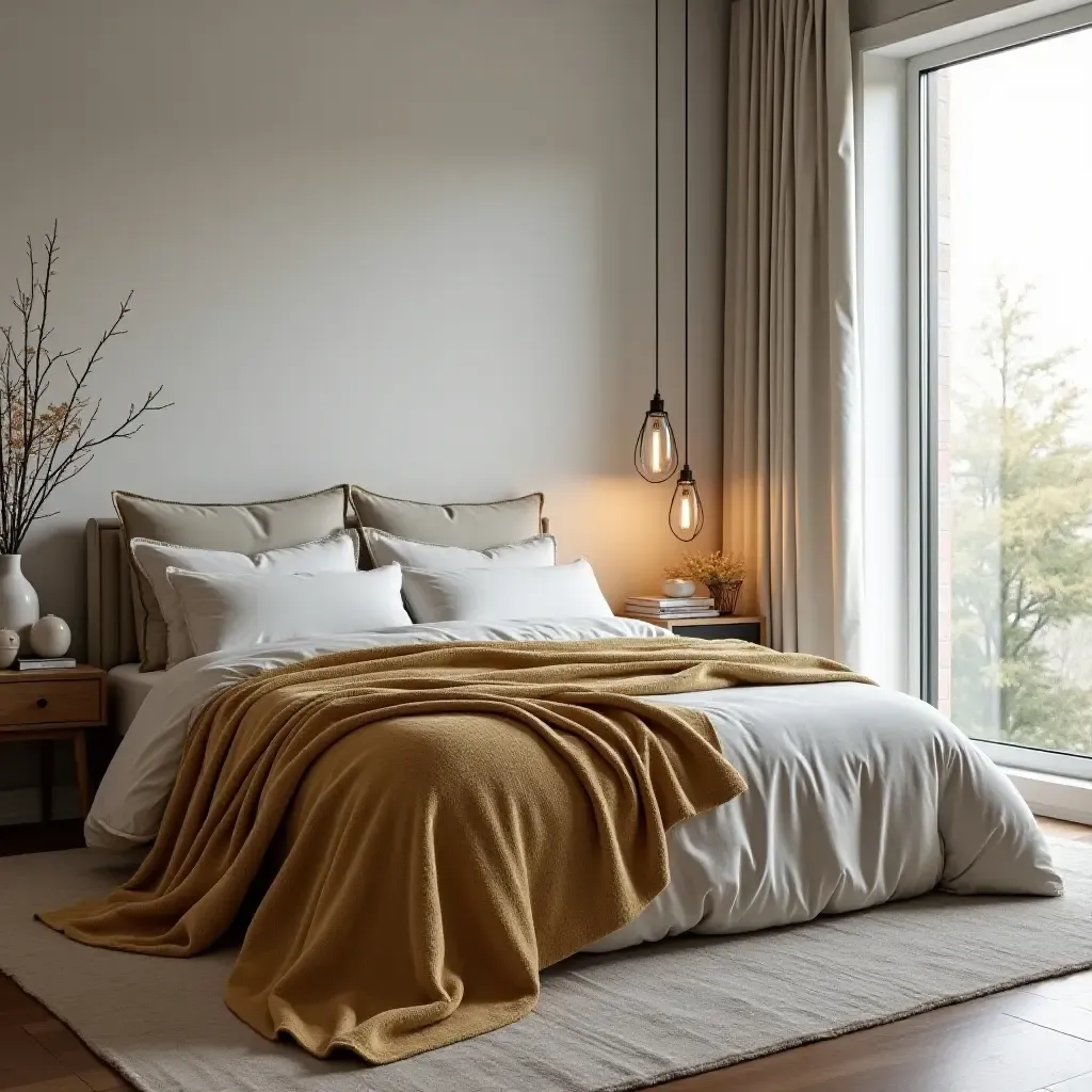 a photo of a contemporary bedroom with metallic throw blankets