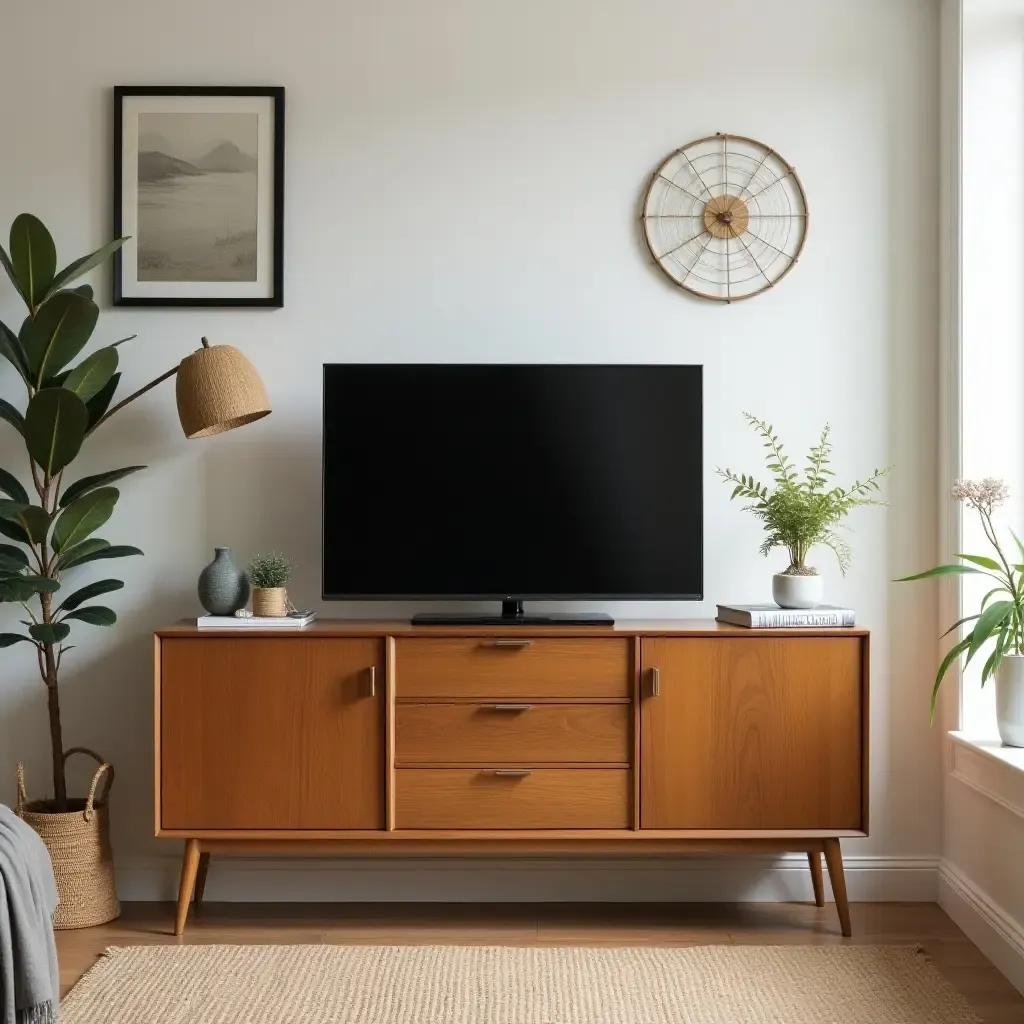 a photo of a small living room with a vintage TV cabinet and eclectic accessories