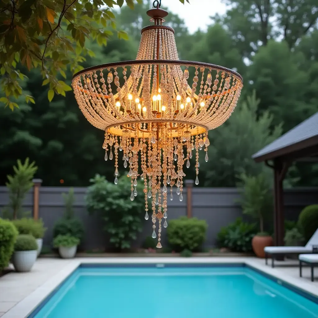 a photo of a whimsical outdoor chandelier hanging above the pool area