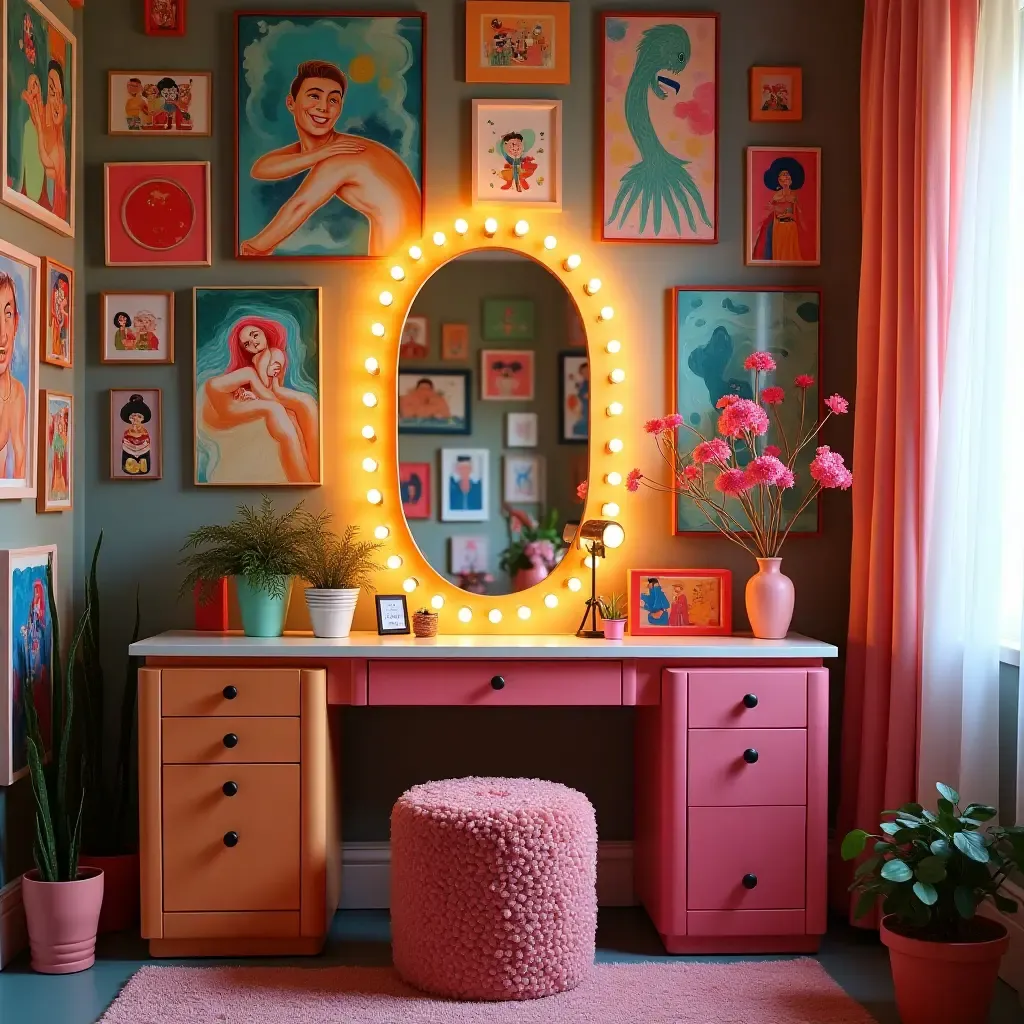 a photo of a colorful vanity area filled with vibrant accessories and art