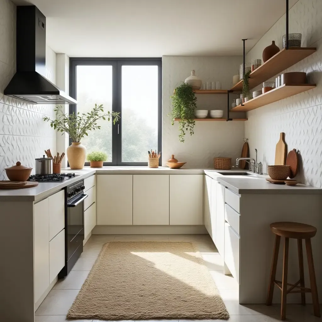 a photo of a kitchen with a textured rug adding depth