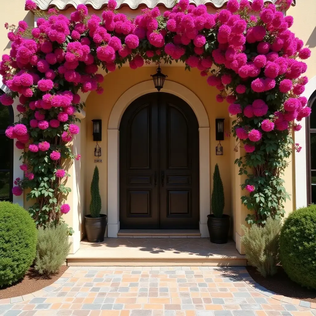 a photo of a Mediterranean entrance adorned with vibrant bougainvillea plants