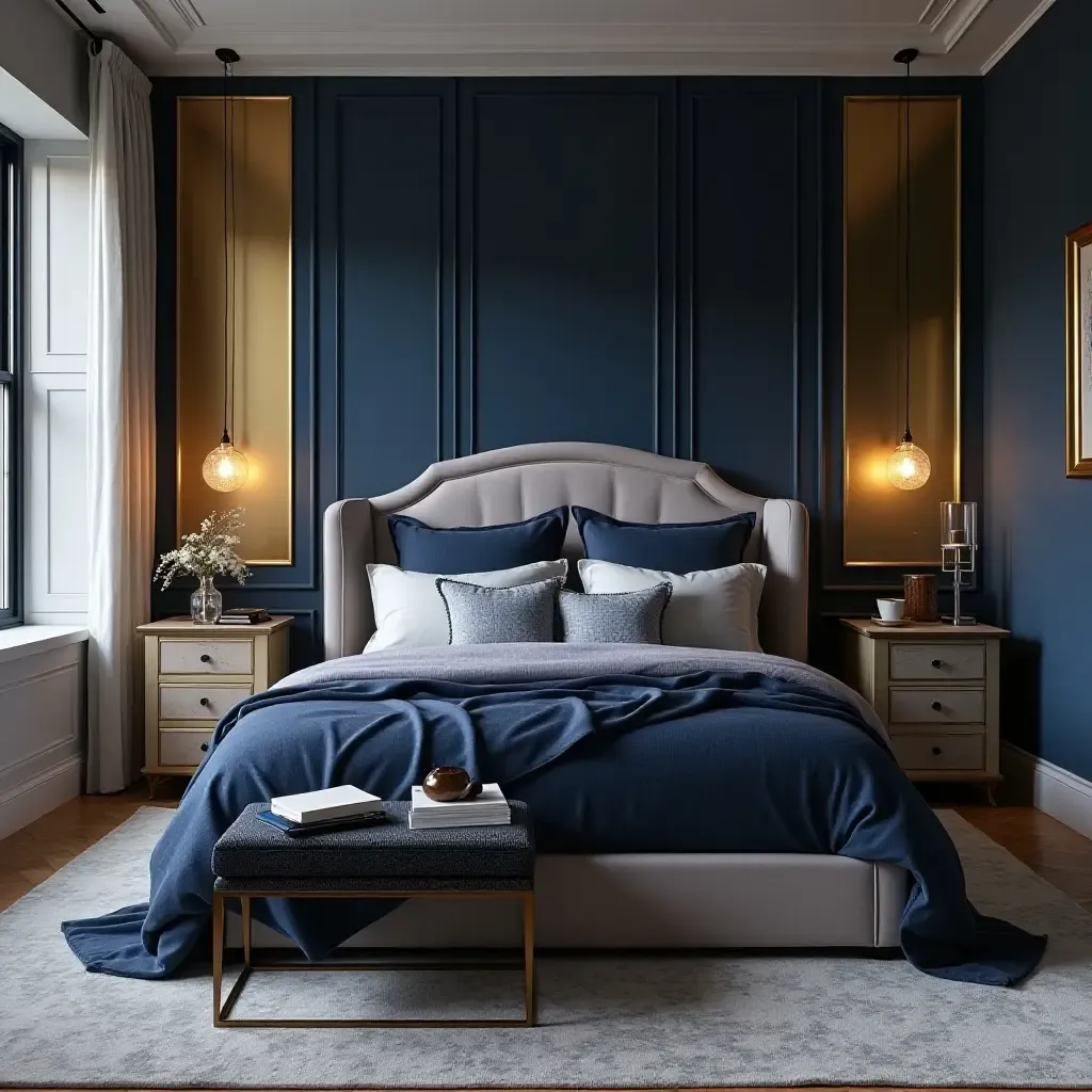 a photo of a stylish navy and gold bedroom with elegant accents