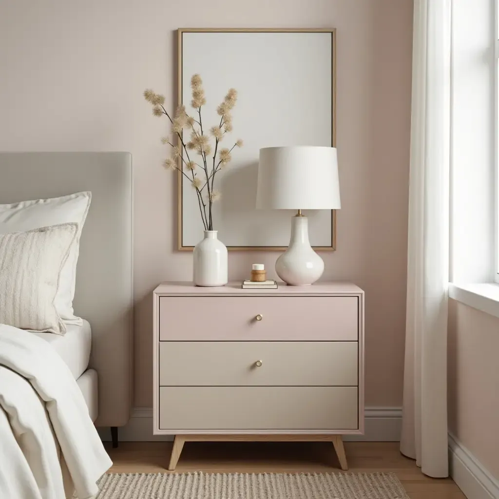 a photo of a nightstand with a dreamy color palette and decor