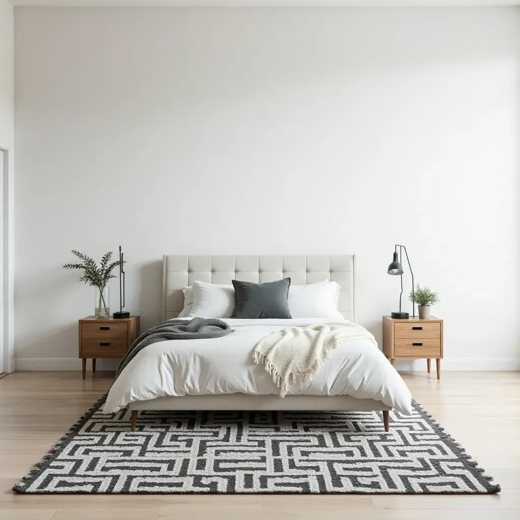 a photo of a chic black and white rug in a minimalist bedroom