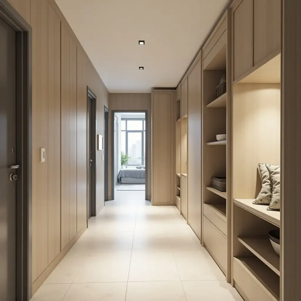 a photo of a corridor featuring wall-mounted storage solutions