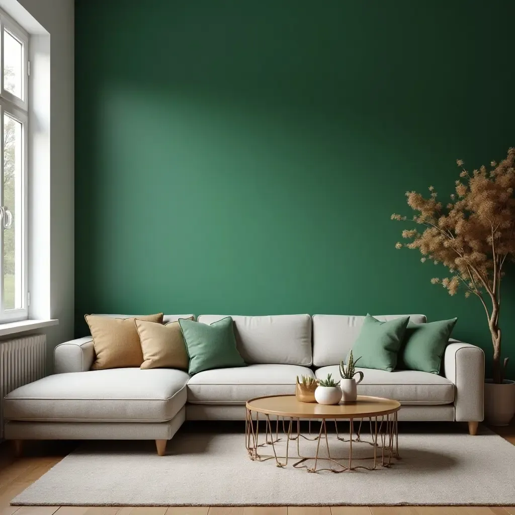 a photo of a cozy living room with a green accent wall