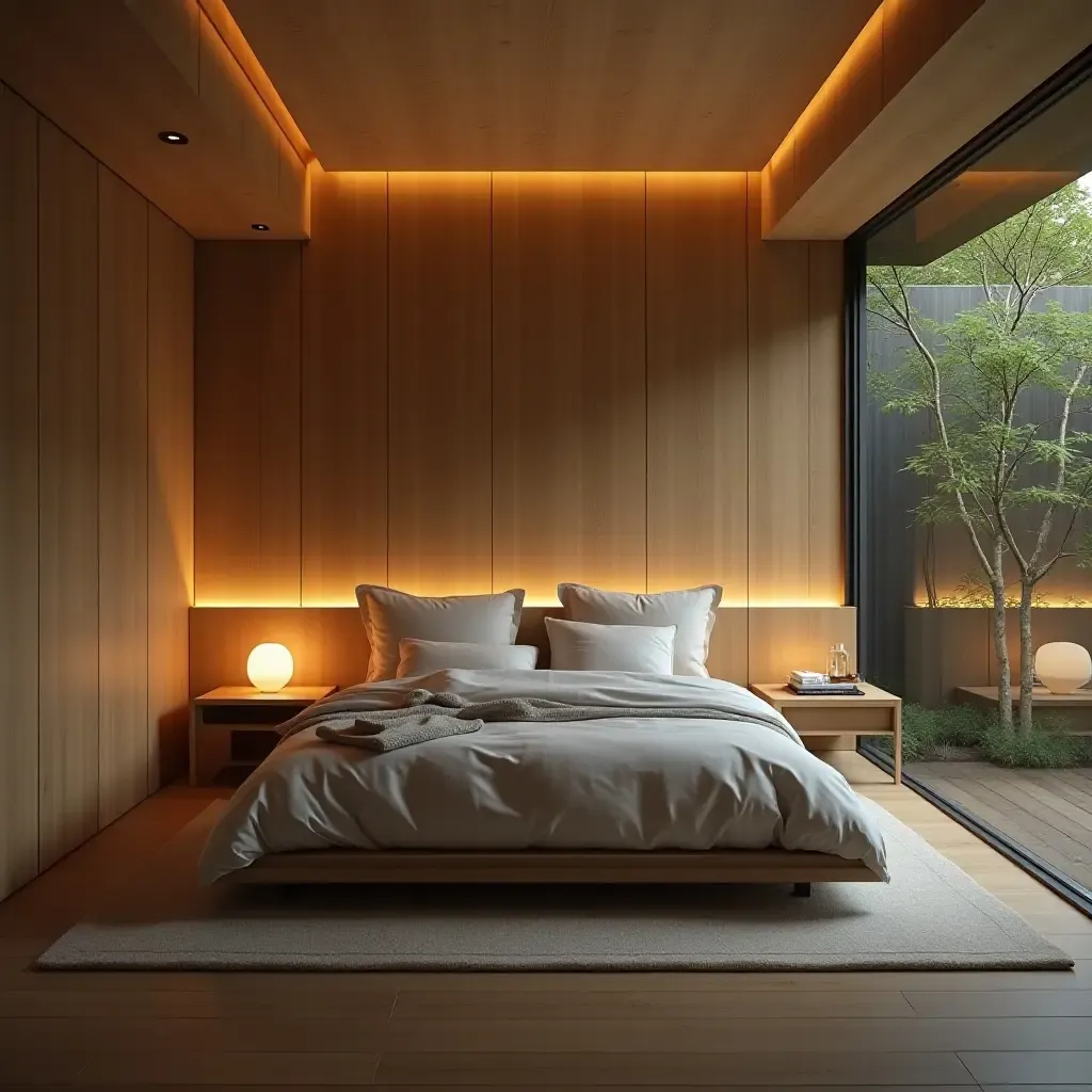 a photo of a calming bedroom with a water feature and soft ambient lighting