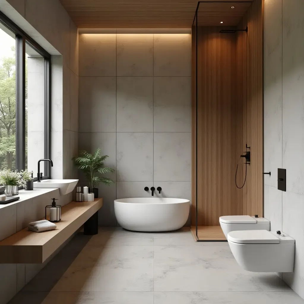 a photo of a bathroom with a concrete wall and wooden accents