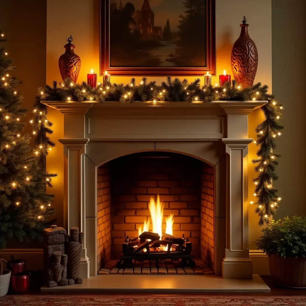 a photo of a traditional fireplace mantel decorated for the holidays