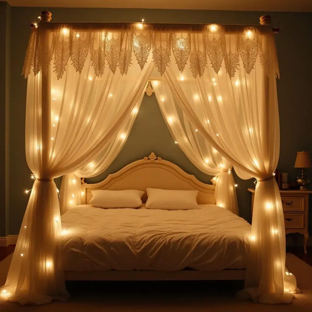 a photo of a whimsical canopy bed draped with lace and fairy lights