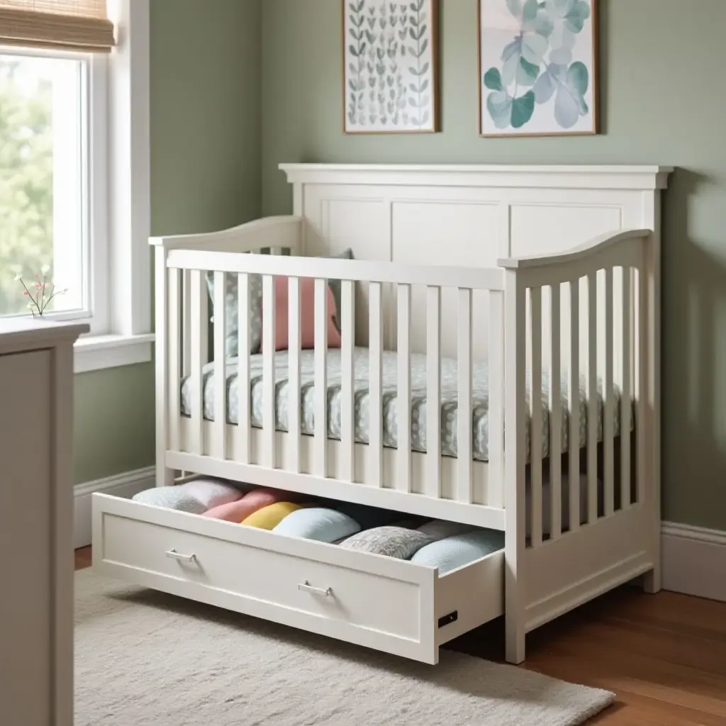 a photo of a nursery featuring under-crib storage drawers