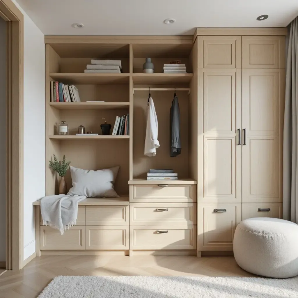 a photo of a small room with creative storage solutions