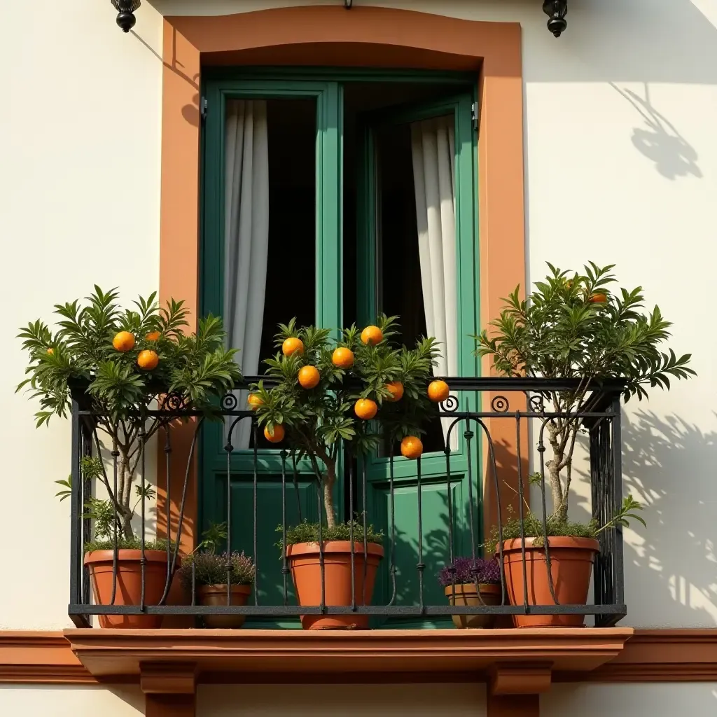 a photo of a balcony adorned with potted citrus trees and herbs