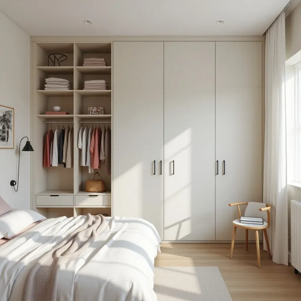 a photo of a chic teen bedroom with a simple wardrobe and minimal accessories