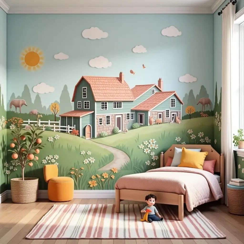 a photo of a whimsical kids&#x27; room with a farmhouse mural and colorful decor