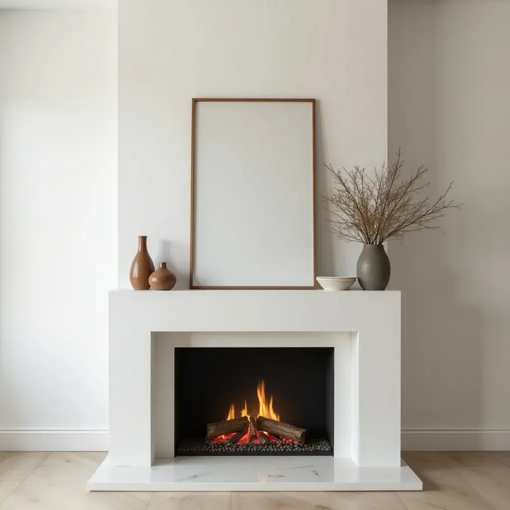 a photo of a minimalist fireplace mantel with decor