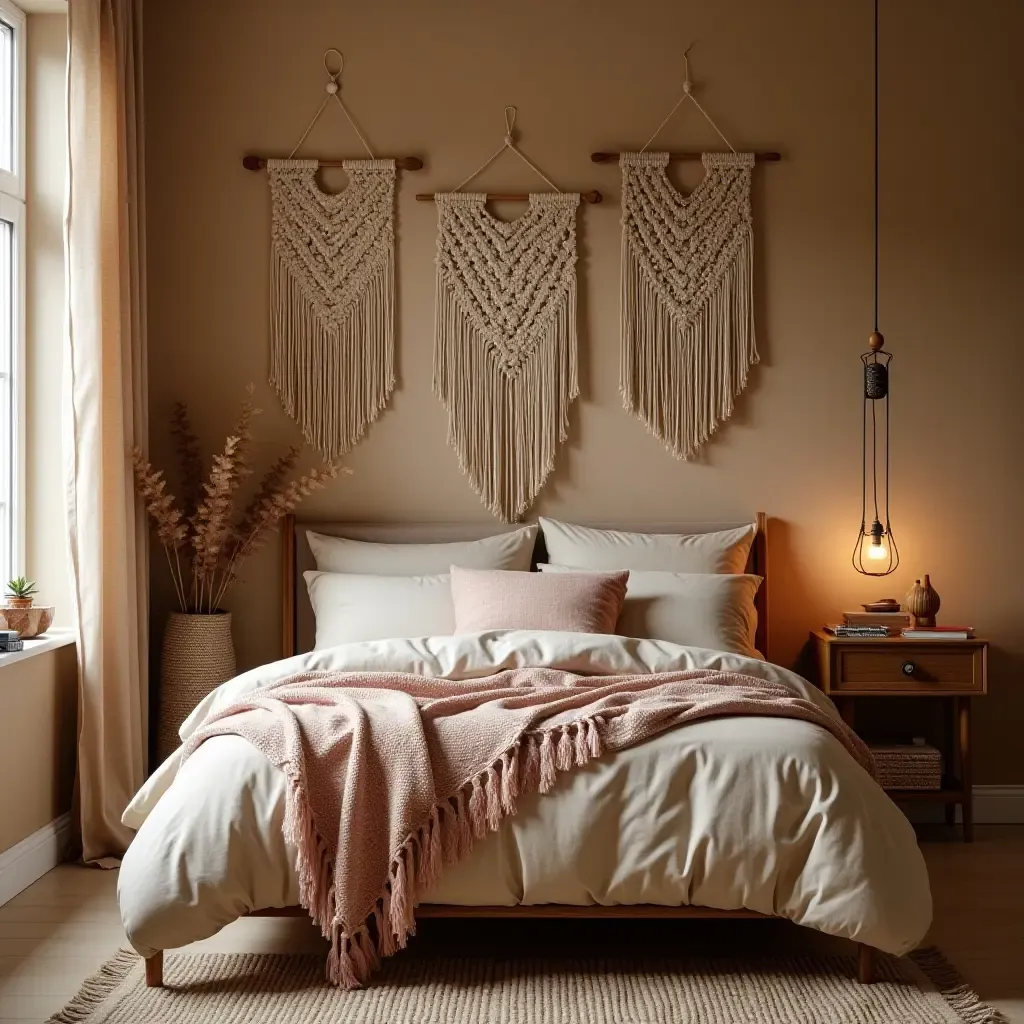 a photo of a cozy bedroom with macrame wall hangings and warm, earthy tones