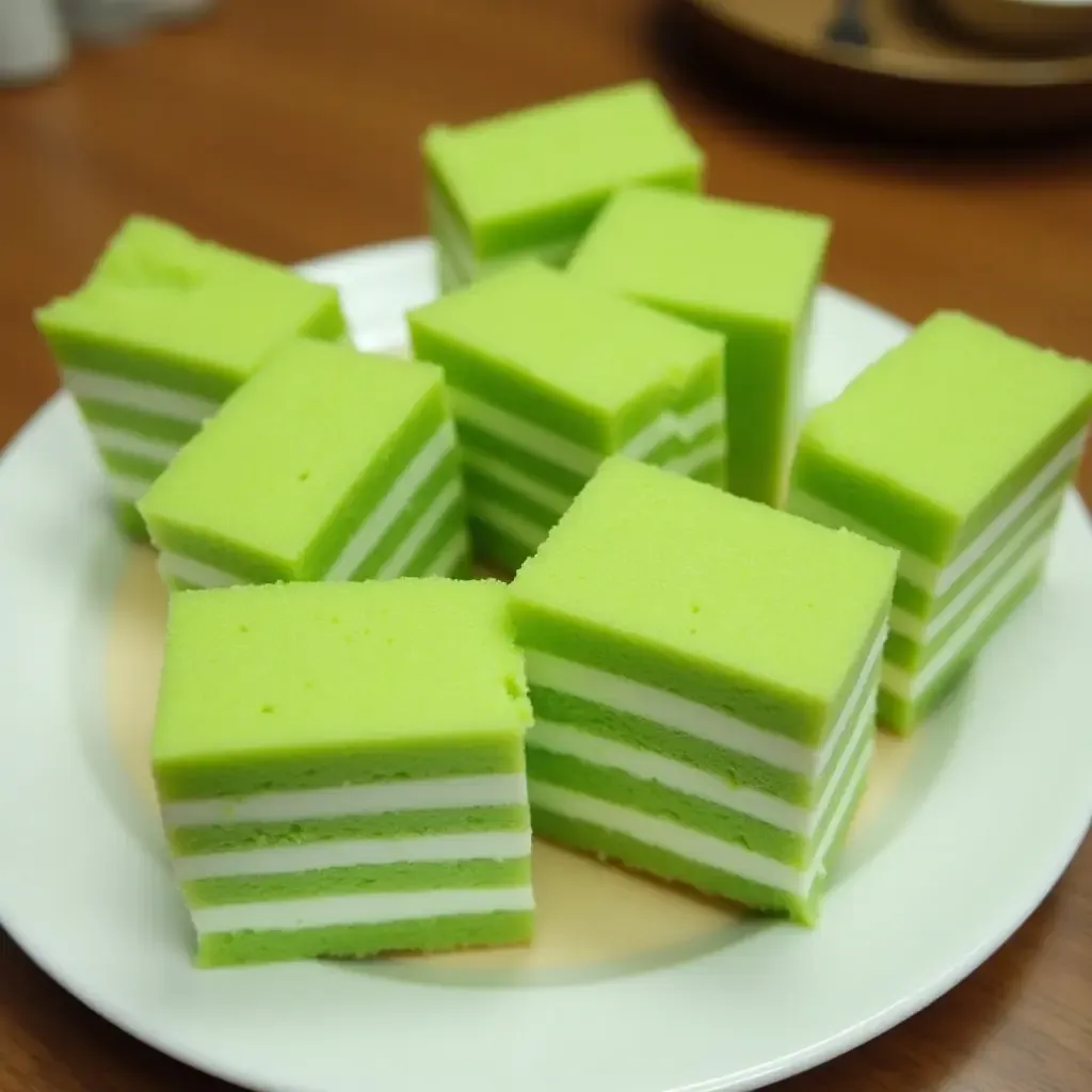 a photo of banh da lon, layered steamed cake with vibrant green and white stripes, on a plate.