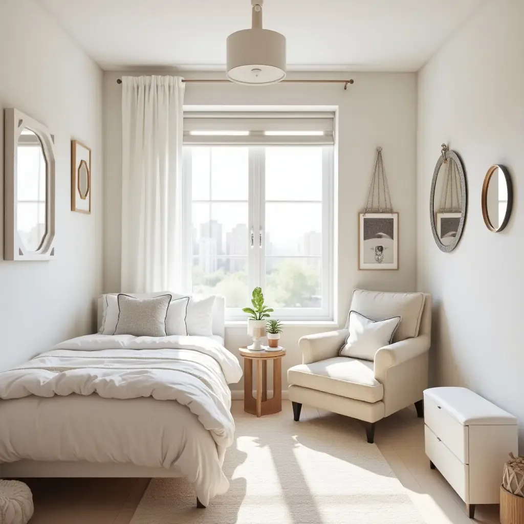 a photo of a bright and airy teen room with mirror decor accents