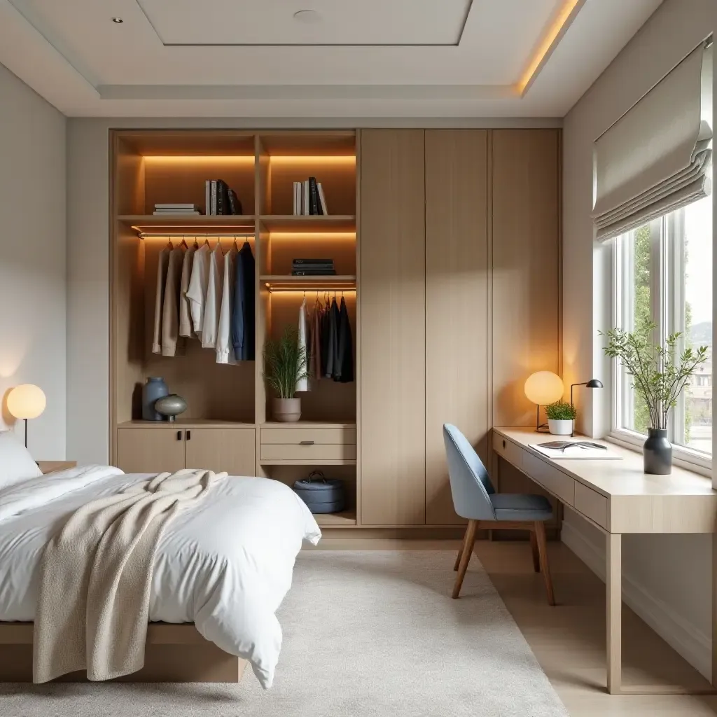 a photo of a chic shared bedroom with a shared closet and individual study spaces