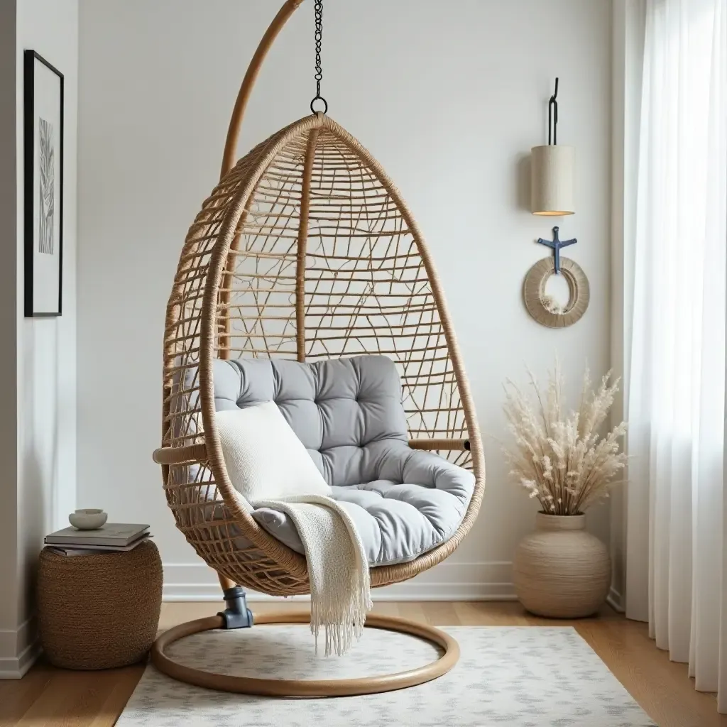 a photo of a stylish hanging chair with nautical-themed decor