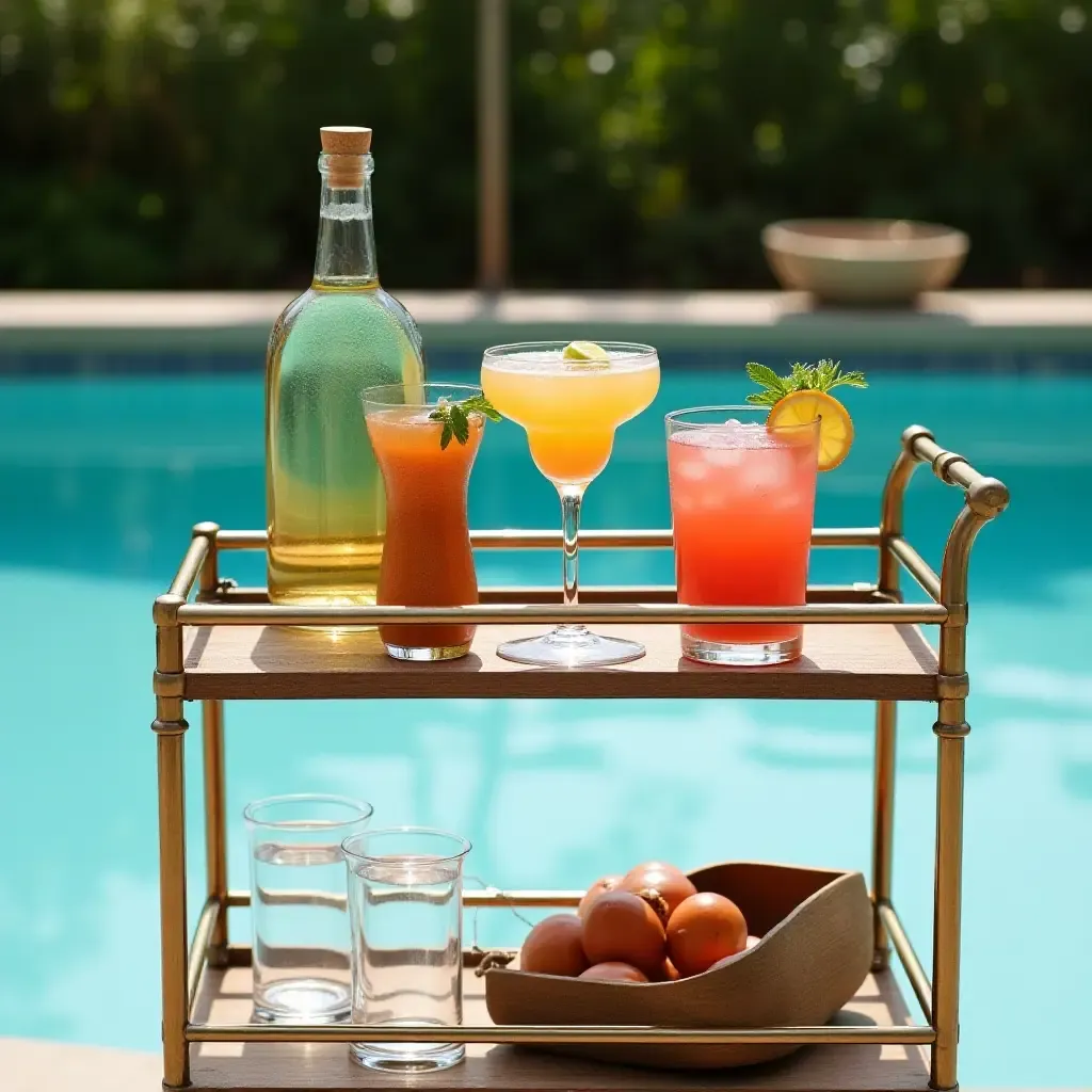 a photo of an elegant poolside bar cart adorned with cocktails and glassware