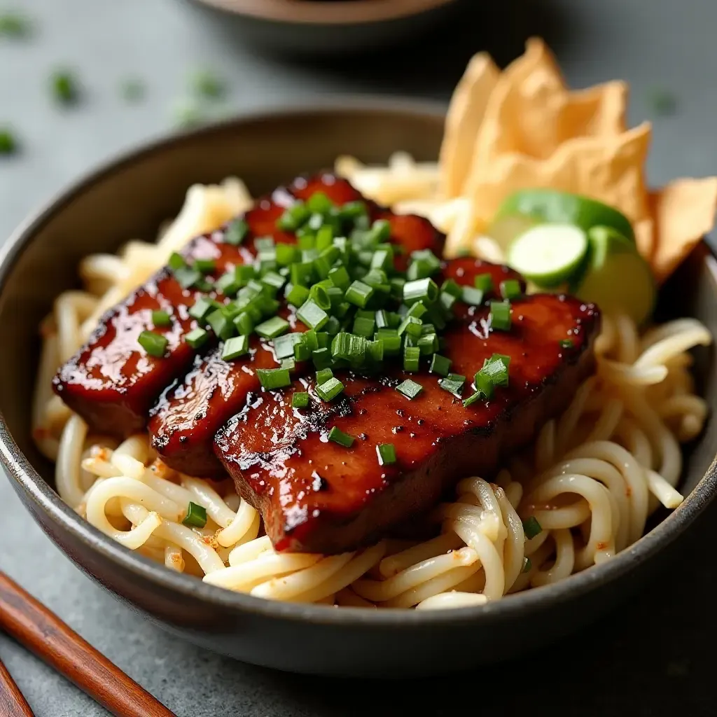 a photo of Korean BBQ with a herbaceous basil soy marinade and crispy rice paper rolls.